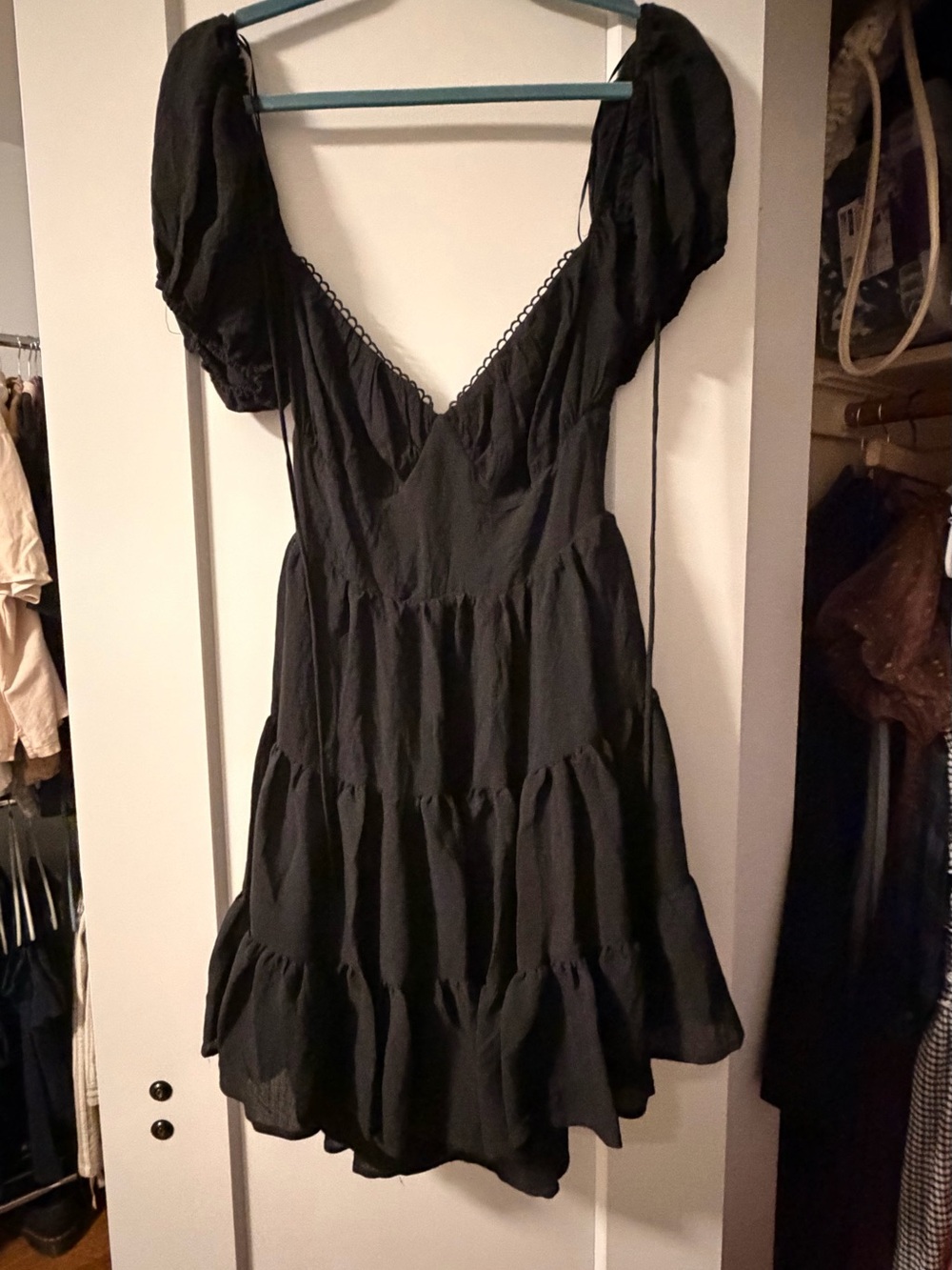 Black Tiered Puff-Sleeve V-Neck Dress